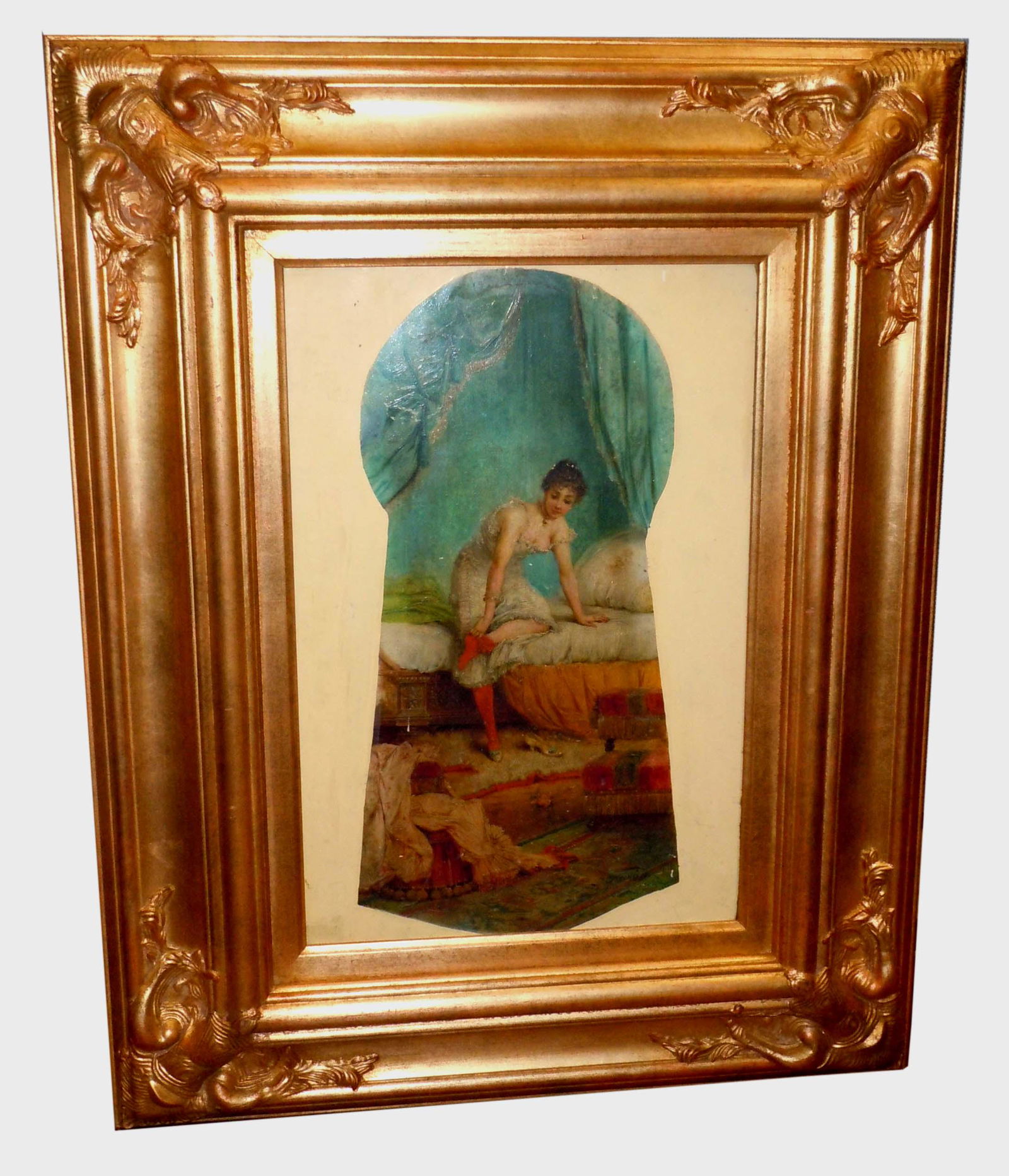 JOSEPH BERNARD NUDE CABERT GIRL OIL PAINTING, FRENCH: JOSEPH BERNARD NUDE CABERT GIRL OIL PAINTING, FRENCH Joseph Bernard French, (1864-1933) 'Looking Through the Keyhole' Signed: J. Bernard (lr) Oil on Beveled & Cradled Panel 12 5/8 x 18 5/8 inches C