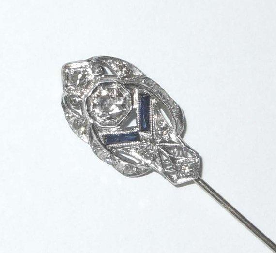 DECO PLATINUM EUROPEAN CUT DIAMOND SAPPHIRE STICK PIN (1 of 4)