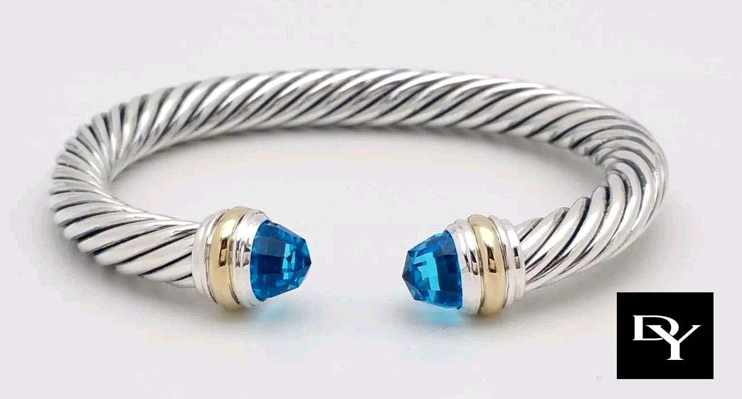 DAVID YURMAN 14K SILVER BLUE TOPAZ CABLE CUFF BRACELET (1 of 5)