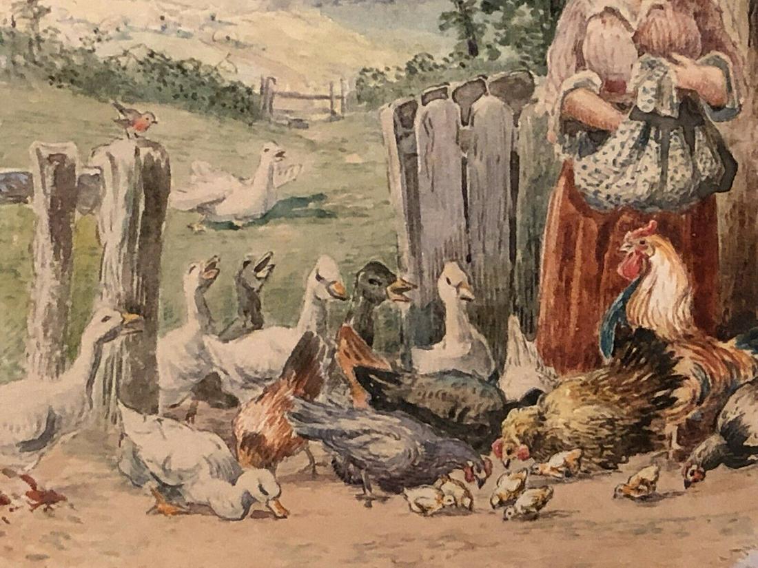 MYLES BIRKET BIRKETT FOSTER PAINTING WATERCOLOR /PENCIL: MYLES BIRKET BIRKETT FOSTER PAINTING WATERCOLOR /PENCIL DETAILS: - ARTIST: Myles Birket (Birkett) Foster - ORIGIN: English, (1825-1899) - TITLE: Feeding the Ducklings - SIGNED: Monogram BF (ll) - MED