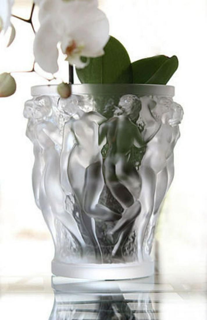 LALIQUE BACCHANTES VASE DANCING FEMALE NUDES IN RELIEF: This is a classic piece handcrafted in France, and originally designed by the acclaimed artist Rene Lalique in 1927. This design is a staple of the Lalique collection and is a stunning example of his 