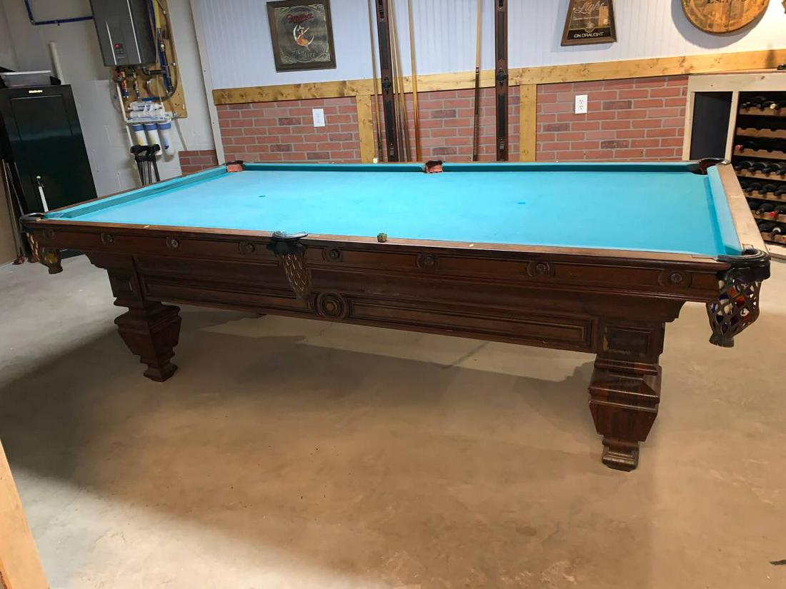 REGULATION SIZE BRUNSWICK INLAY POOL BILLIARD TABLE: REGULATION SIZE BRUNSWICK INLAY POOL BILLIARD TABLE 4 Slates, inlayed wood, and would make an impressive addition to your man cave.