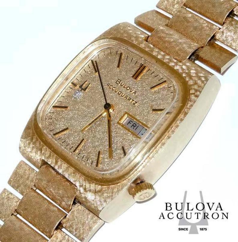 MEN'S 14K GOLD DIAMOND BULOVA ACCUQUARTZ DAY DATE WATCH (1 of 5)