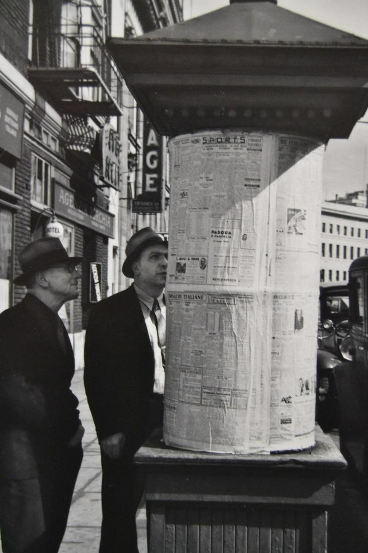 JOHN GUTMANN 1934 NEWSSTAND SAN FRANCISCO PHOTOGRAPH JOHN GUTMANN (German, 1905-1998) News From: JOHN GUTMANN 1934 NEWSSTAND SAN FRANCISCO PHOTOGRAPH JOHN GUTMANN (German, 1905-1998) News From Italy Posted At 'LA VOICE DEL POPULO' SAN FRANCISCO, 1934 Gelatin silver, printed later size: 7.5 x 8.