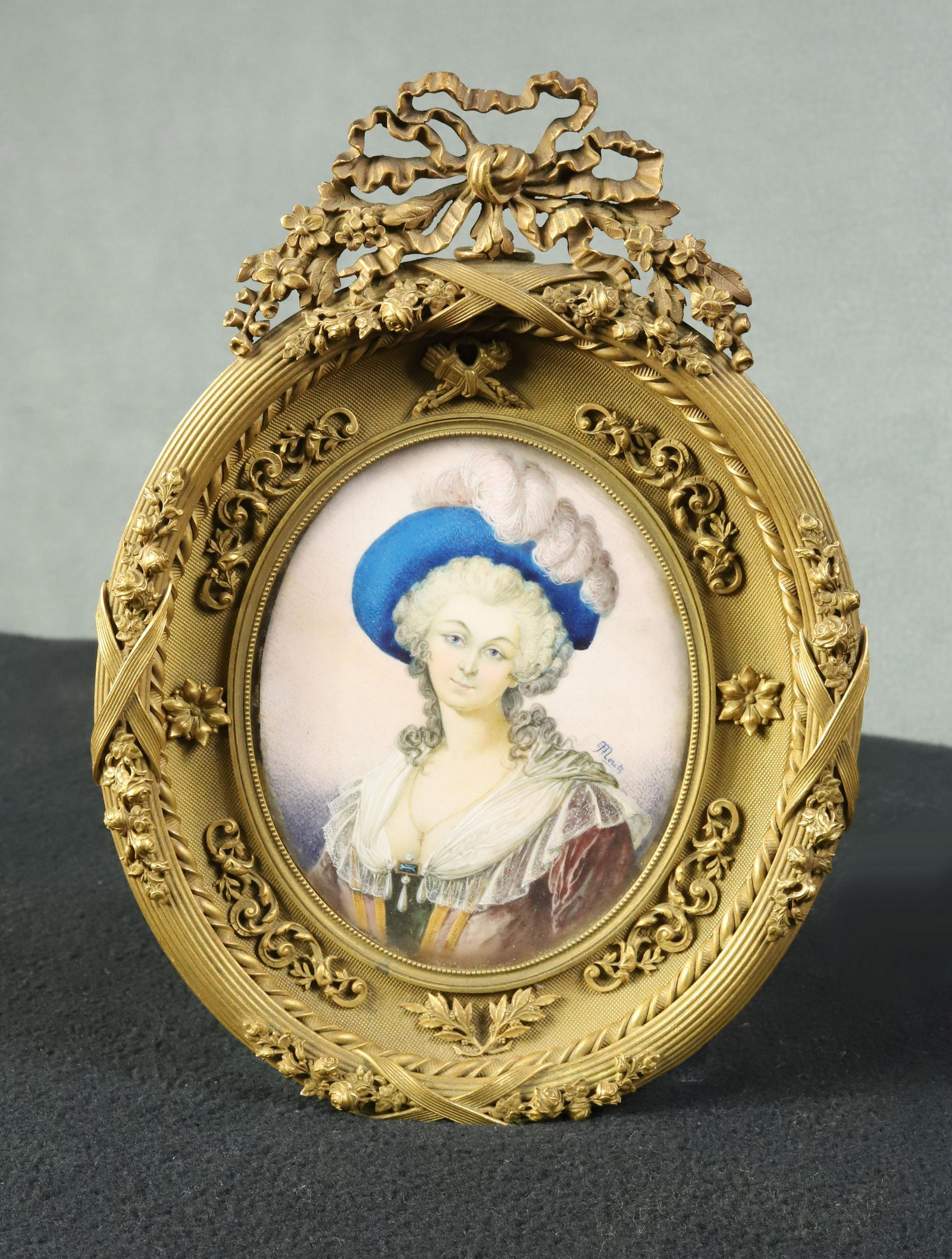 19C BLUE BONNET ARISTOCRATIC LADY FRENCH PORTRAIT MINIATURE AFTER MICHAEL MORITZ DAFFINGER A 19th: 19C BLUE BONNET ARISTOCRATIC LADY FRENCH PORTRAIT MINIATURE AFTER MICHAEL MORITZ DAFFINGER A 19th century French Portrait Miniature on Bone, After Michael Moritz Daffinger (Austrian, 1790-1849), depic