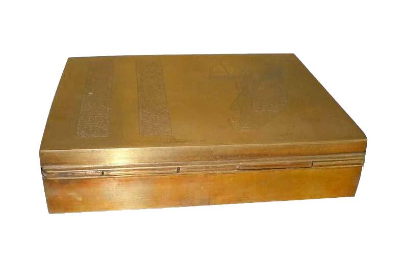 ANTIQUE FALCON ARTS CRAFTS HAND BRASS CIGAR HUMIDOR An Antique Arts and Crafts Hand Engraved Brass