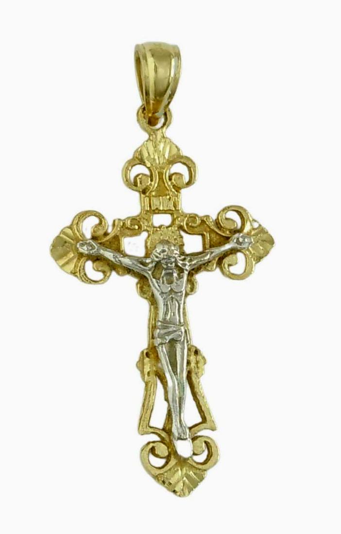 TWO TONE 14K YELLOW & WHITE GOLD 3D BODY OF CHRIST PENDANT CROSS An Outstanding Vintage Two Tone: TWO TONE 14K YELLOW & WHITE GOLD 3D BODY OF CHRIST PENDANT CROSS An Outstanding Vintage Two Tone 14K Yellow & White Gold 3D Body of Christ Pendant Cross, marked, '14K', with a nice open work designed