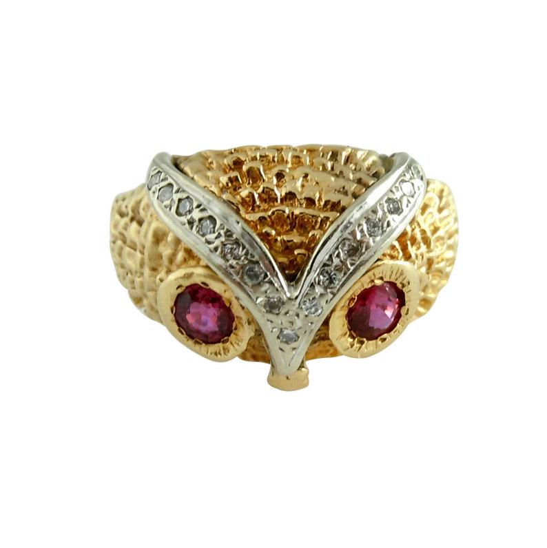 TWO TONE 14K GOLD DIAMOND, RUBY WISE OWL PINKY RING    An Outstanding Two Tone 14K Yellow & White (1 of 8)