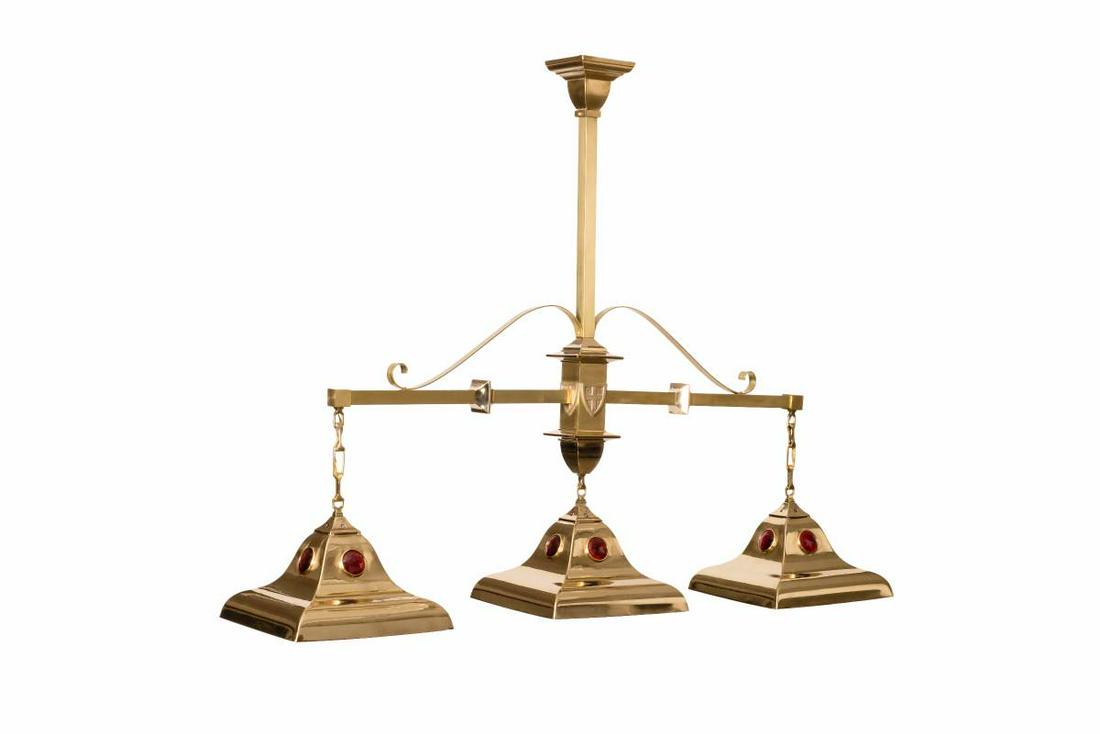 1900'S BRUNSWICK STYLE BRASS POOL TABLE LAMP FIXTURE CHANDLER Contemporary piece modeled after an: 1900'S BRUNSWICK STYLE BRASS POOL TABLE LAMP FIXTURE CHANDLER Contemporary piece modeled after an early 1900's Brunswick light. Made entirely of brass with ruby red faceted bulls eye inserts. CONDIT