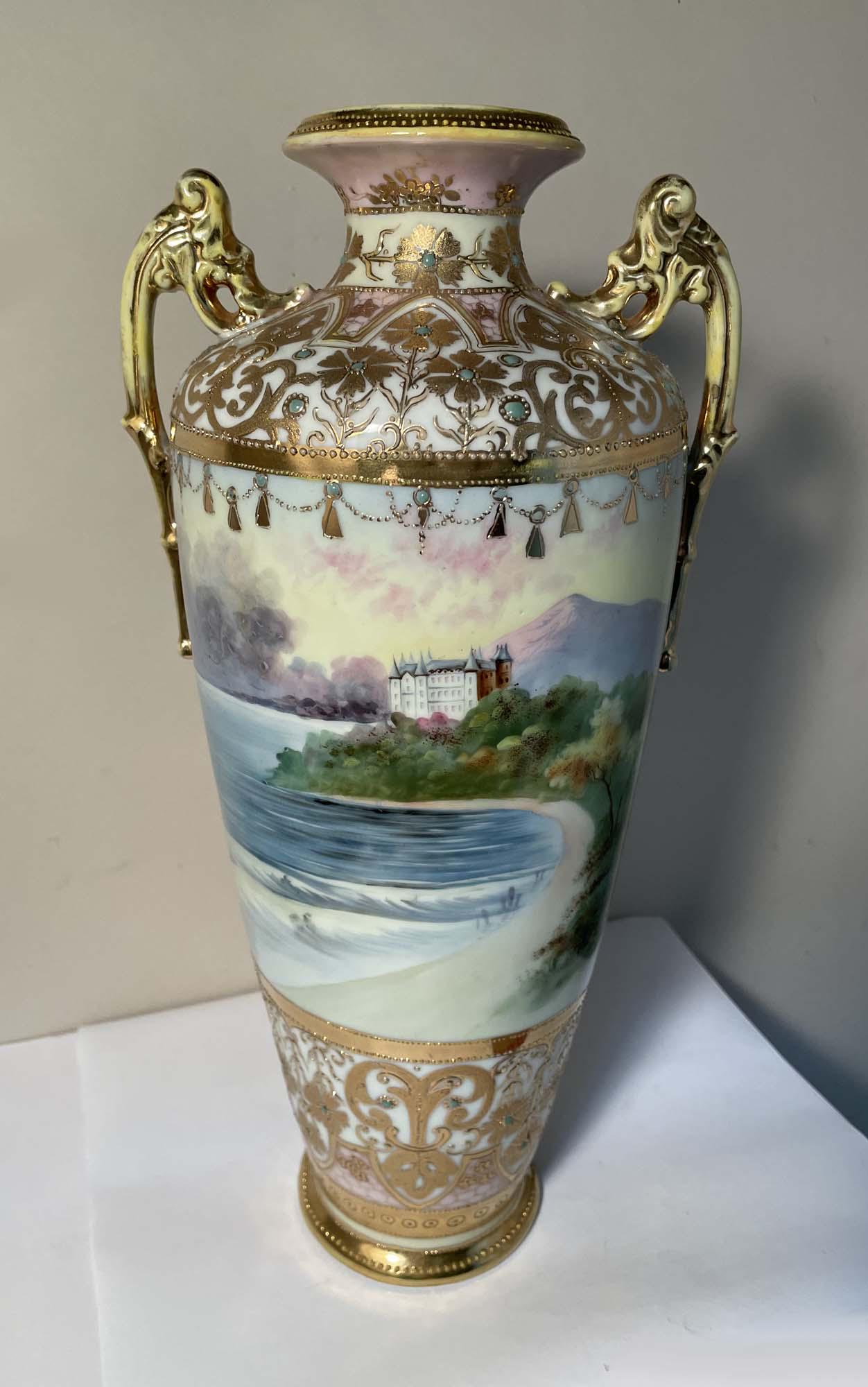 NIPPON DOUBLE HANDLED BALUSTER VASE CASTLE LAKESIDE VILLA LANDSCAPE    Hand Painted Gilt Overlay (1 of 10)