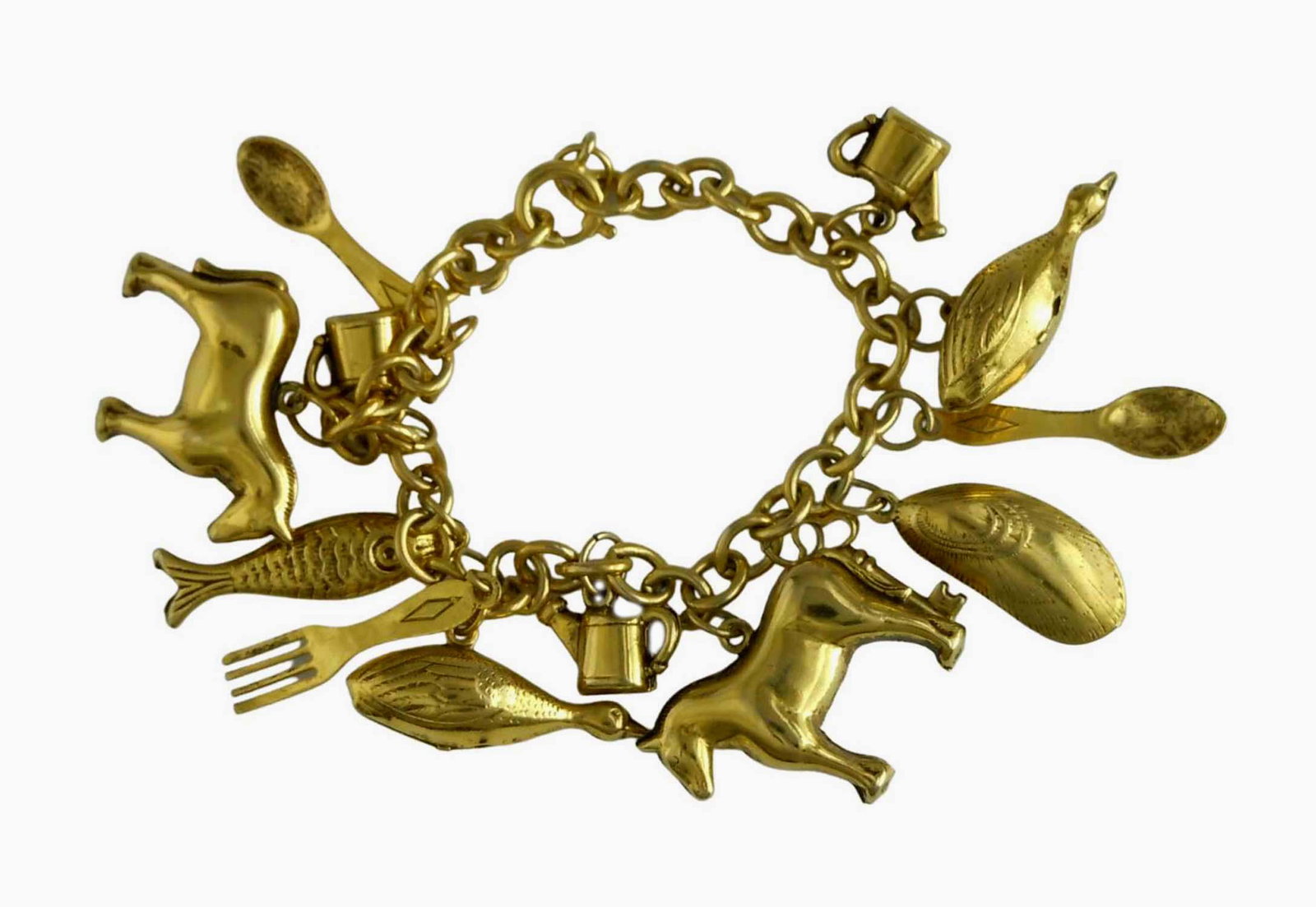 C1950S CHARM BRACELET WATERING CAN, GOOSE, SPOON, FORK, CLAM, MUSCLE, DUCK, FISH, KEY 1950'S GOLD: C1950S CHARM BRACELET WATERING CAN, GOOSE, SPOON, FORK, CLAM, MUSCLE, DUCK, FISH, KEY 1950'S GOLD PLATED Vintage C1950s Gold Plated Hollow Charm Bracelet; featuring a Watering Can, Goose/Duck, Spoon, 