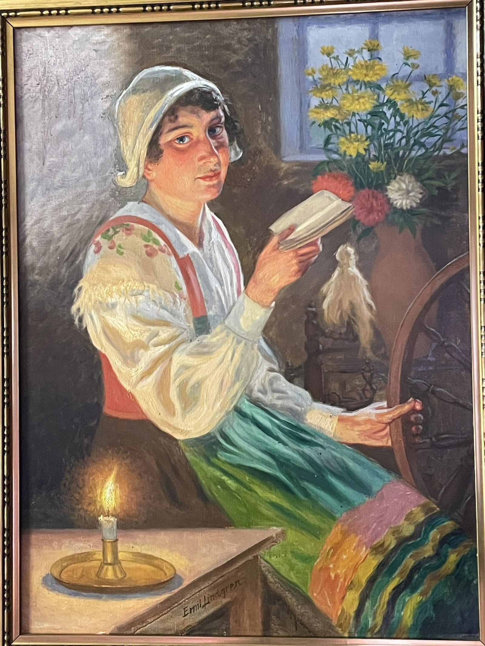EMIL LINDGREN YOUNG GIRL READING SWEDISH OIL PAINTING    Emil Lindgren  Swedish, 1866-1940  C1927 (1 of 16)