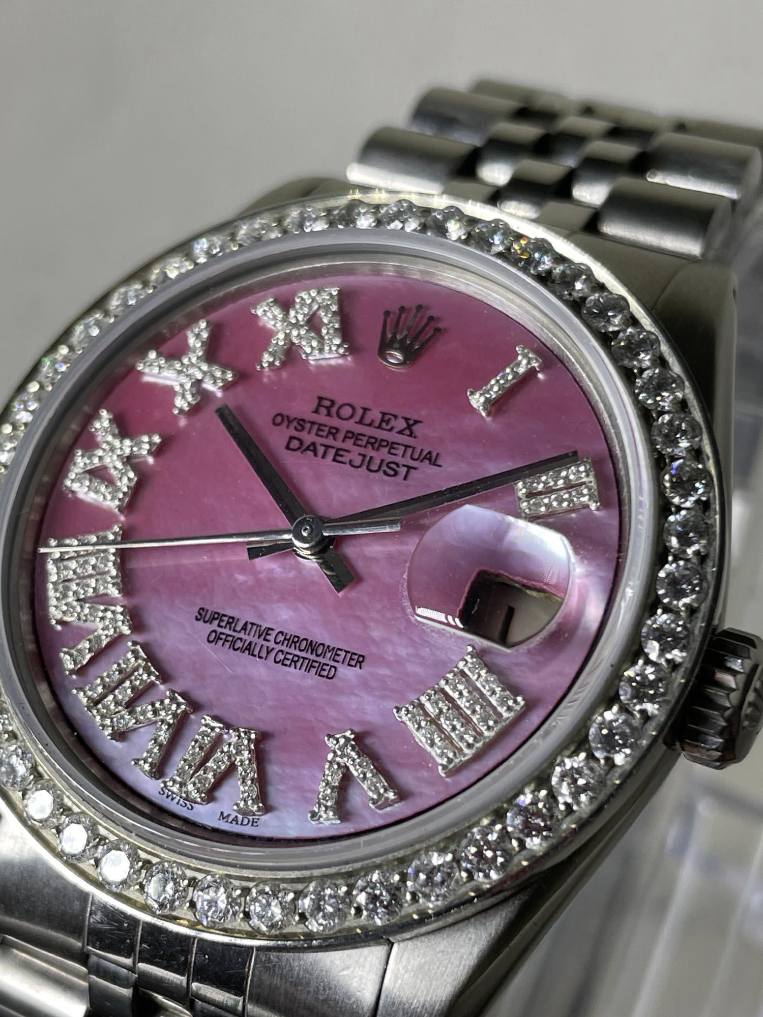 HOT PINK 36MM ROLEX 16014 DATEJUST MOP DIAMOND ROMAN DIAL WATCH   Hot Pink Lady's 36 mm Stainless (1 of 7)