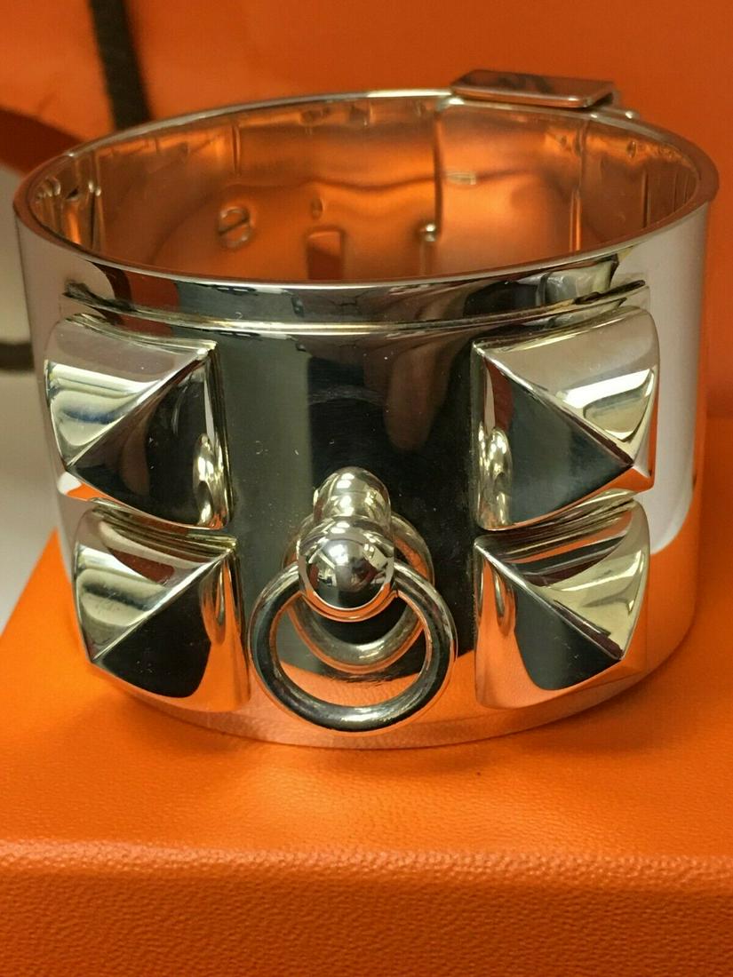 HERMES COLLIER DE CHIEN BRACELET STERLING SILVER XL BANGLE CUFF CDC w BOX (1 of 10)