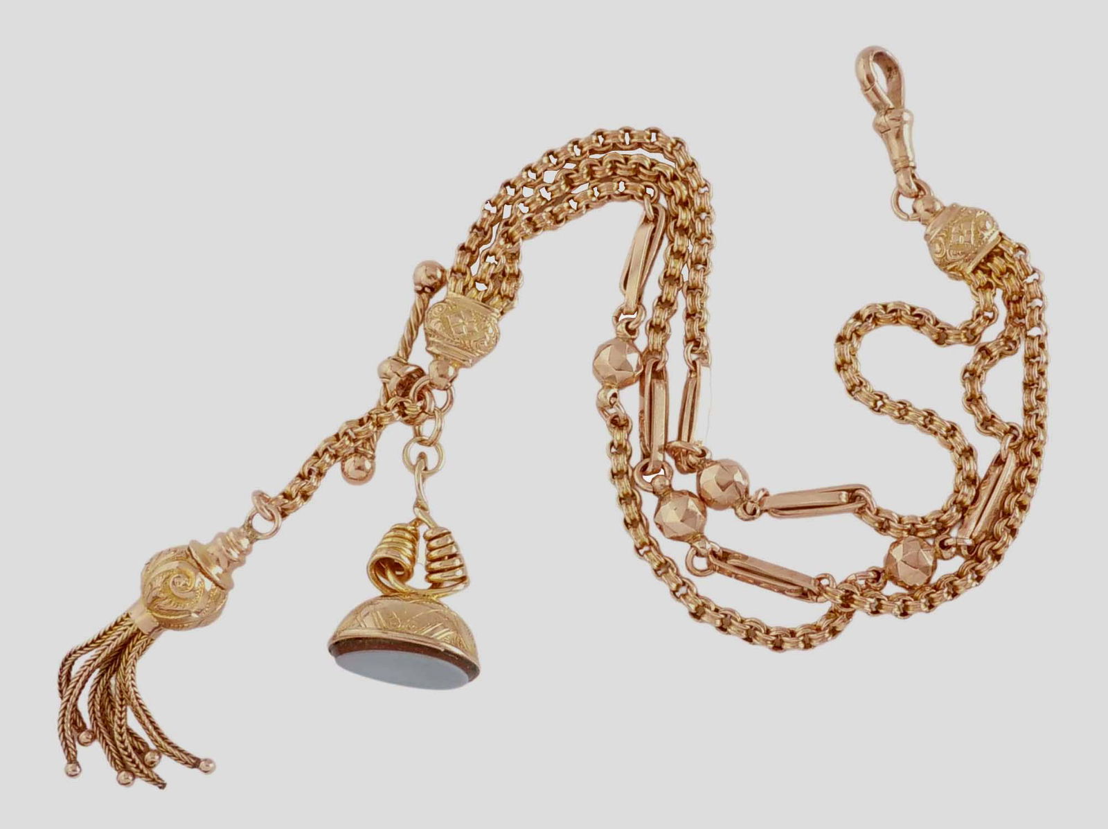 9Ct ROSE GOLD WATCH FOB CHAIN NECKLACE AGATE Ca 1909    Fine and Rare Three Strand 9ct Rose Gold (1 of 11)