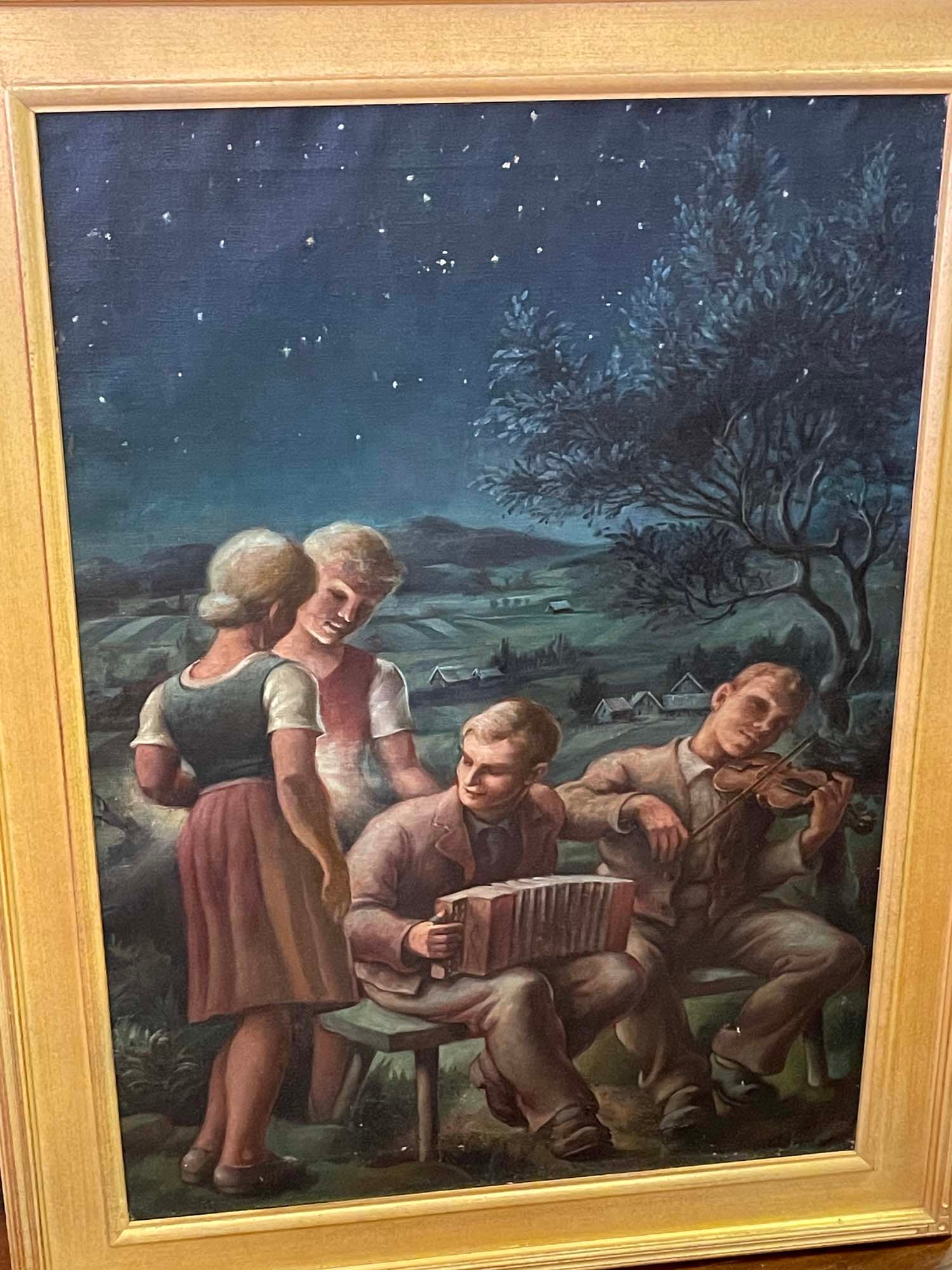 Attrib: THOMAS HART BENTON ''A STARRY NIGHT'' MISSOURI OIL PAINTING w FIGURES In LANDSCAPE (1 of 8)