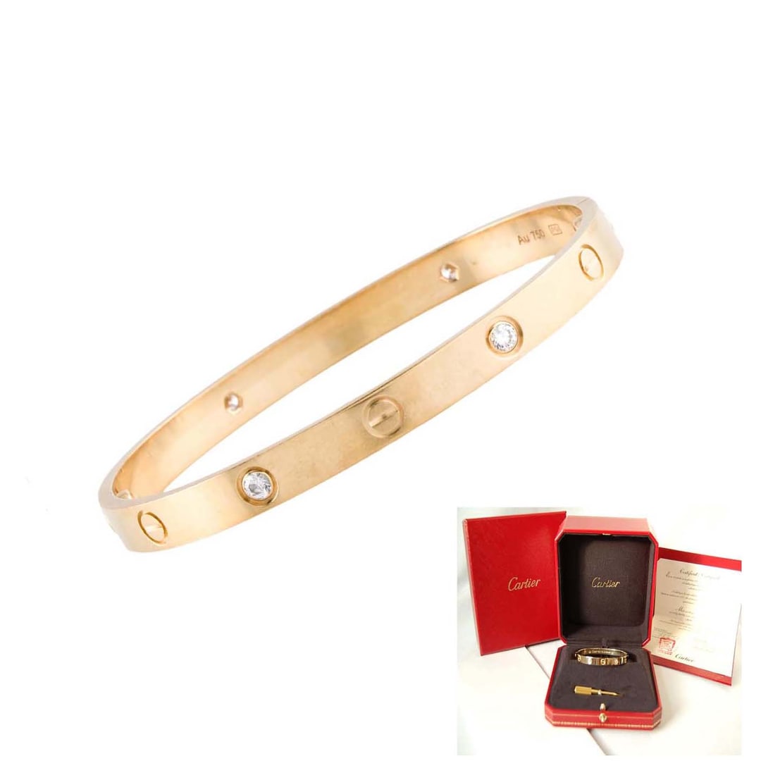 18K GOLD CARTIER 4 DIAMOND LOVE BANGLE BRACELET w BOX, & COA    Designer: Cartier  Collection: Love (1 of 5)