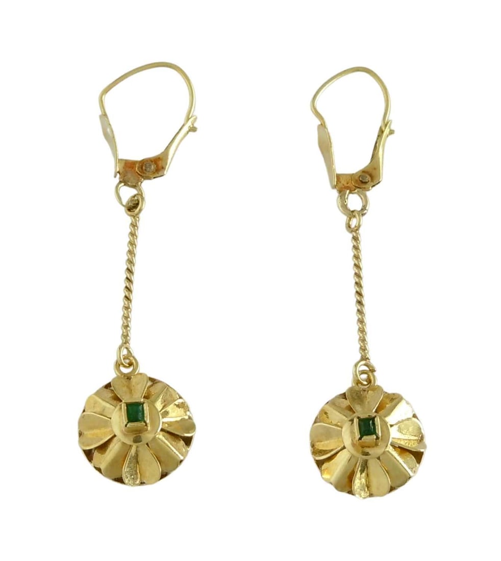 PAIR FLORAL 18K GOLD DIAMOND EMERALD DANGLE DROP EARRINGS    A Stunning Vintage Pair Of Floral 18K (1 of 7)