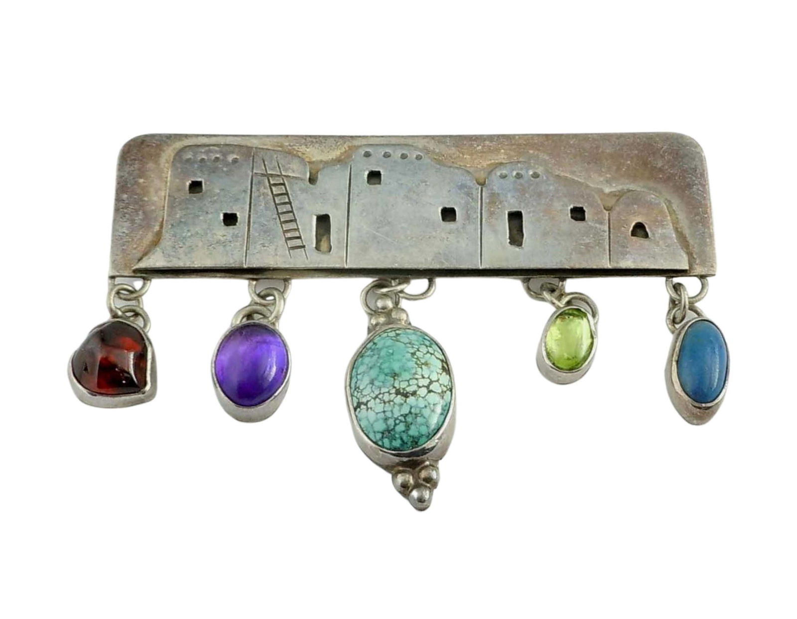 NAKAI 925 SILVER PUEBLO INDIAN VILLAGE GEMSTONE BROOCH    Vintage Native American Pueblo Indian (1 of 5)