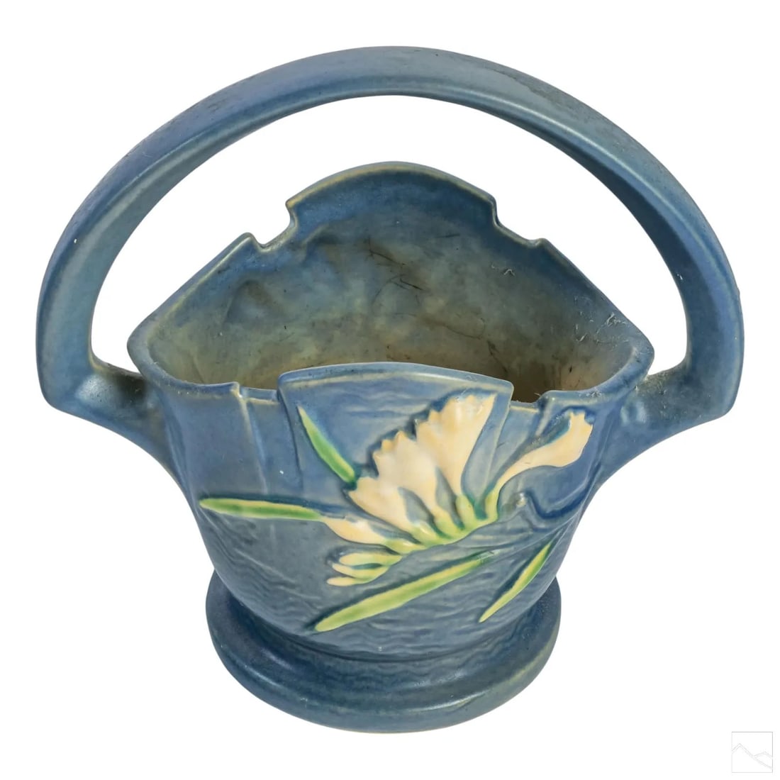 BLUE ROSEVILLE ART POTTERY FREESIA FLORAL BASKET VASE    A Roseville Pottery Vase, in the Freesia (1 of 5)