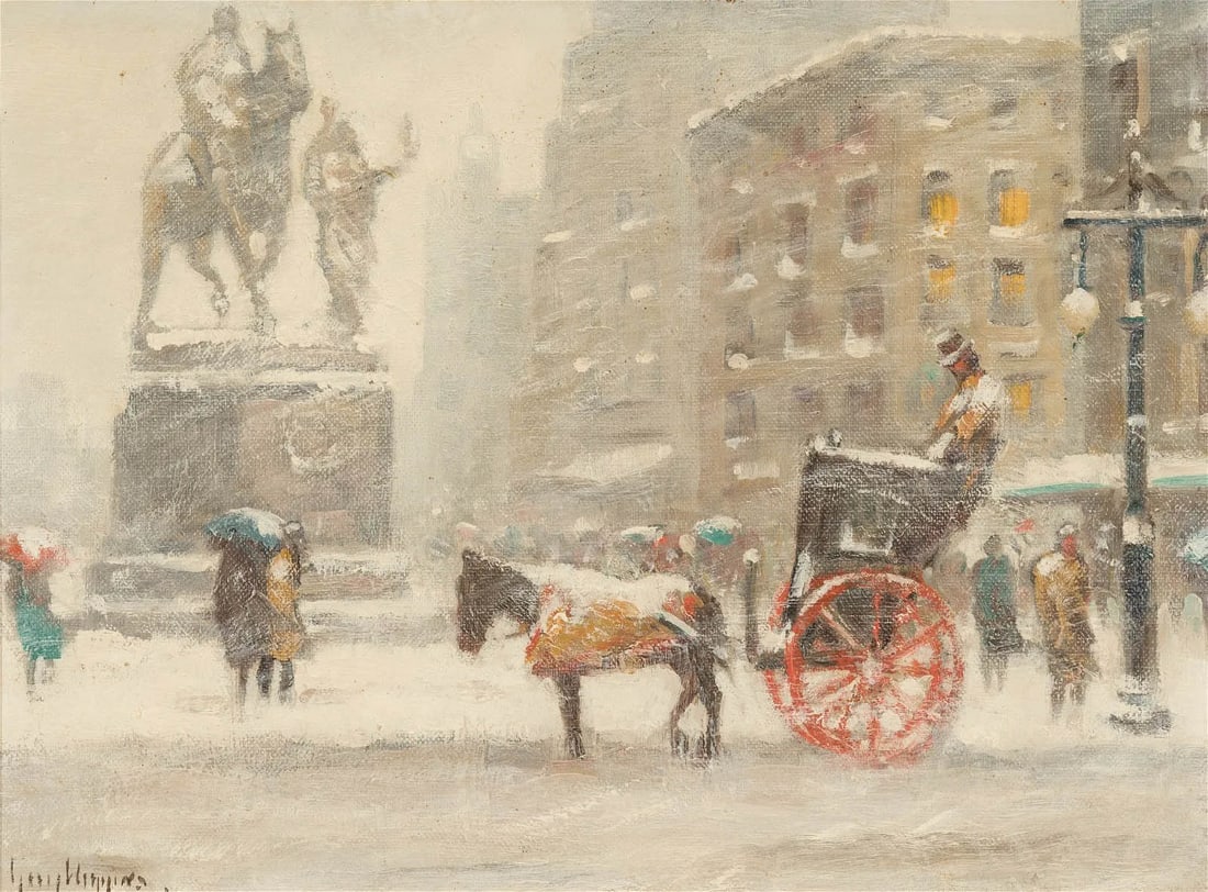 GUY CARLETON WIGGINS 'AT THE PLAZA' OIL ON ARTIST BOARD PAINTING Guy Carleton Wiggins American,: GUY CARLETON WIGGINS 'AT THE PLAZA' OIL ON ARTIST BOARD PAINTING Guy Carleton Wiggins American, 1883-1962 At the Plaza Signed: Guy Wiggins. (ll) in black pigment. Oil on Artist board 12 x 16 inches