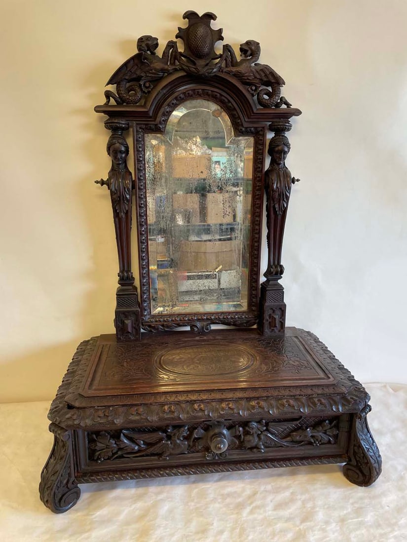 19C VICTORIAN HAND CARVED MAHOGANY DRAGON FANTASY BEVELED MIRROR VANITY, ENGLISH (1 of 13)