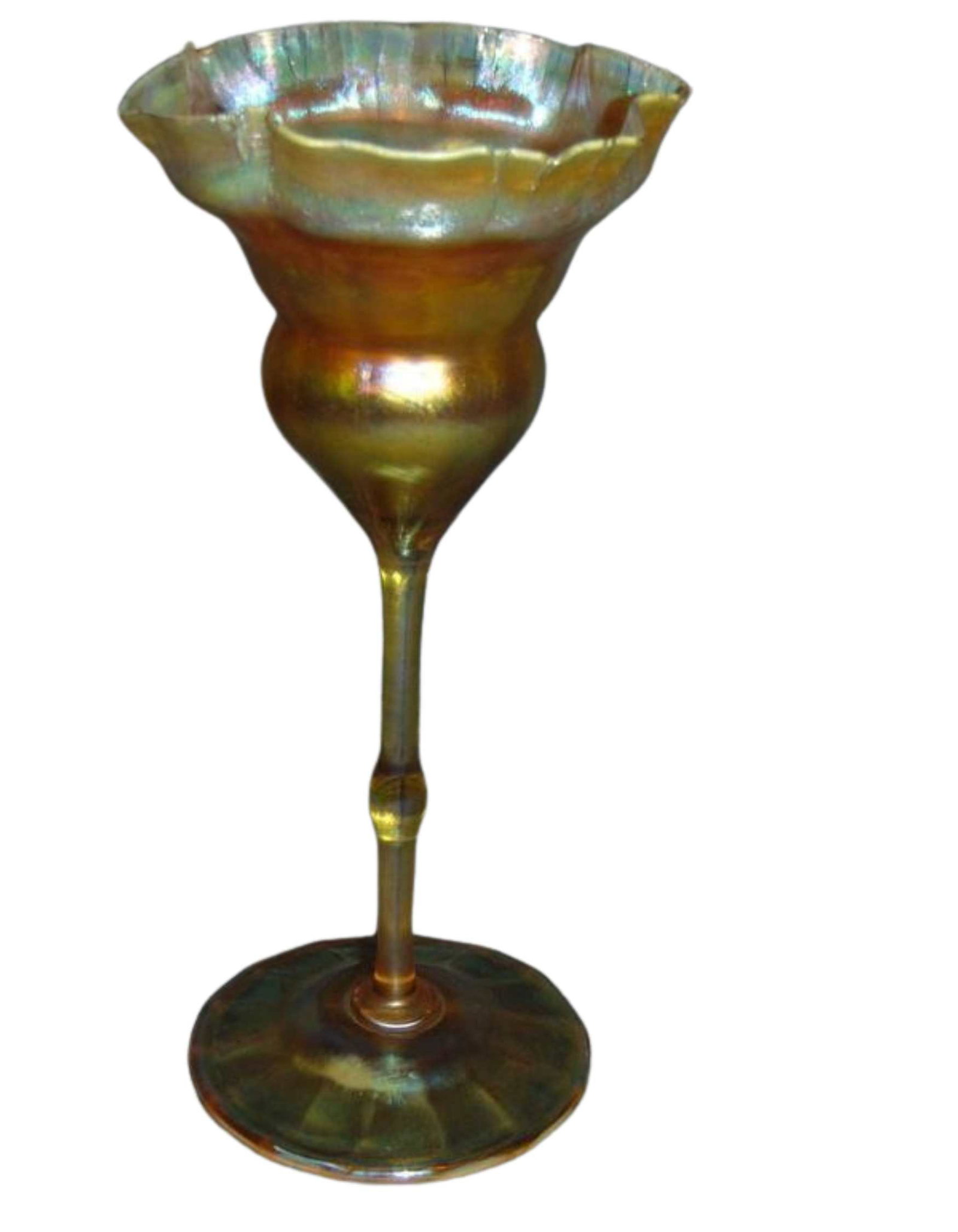 TIFFANY STUDIOS FAVRILE FLORIFORM VASE ORANGE RUFFLED Tiffany Studios Favrile Glass Floriform: TIFFANY STUDIOS FAVRILE FLORIFORM VASE ORANGE RUFFLED Tiffany Studios Favrile Glass Floriform Vase. Glass with an orangey-yellowish brown hue, ruffled rim, knobbed stem, and delicately domed/ribbed fo