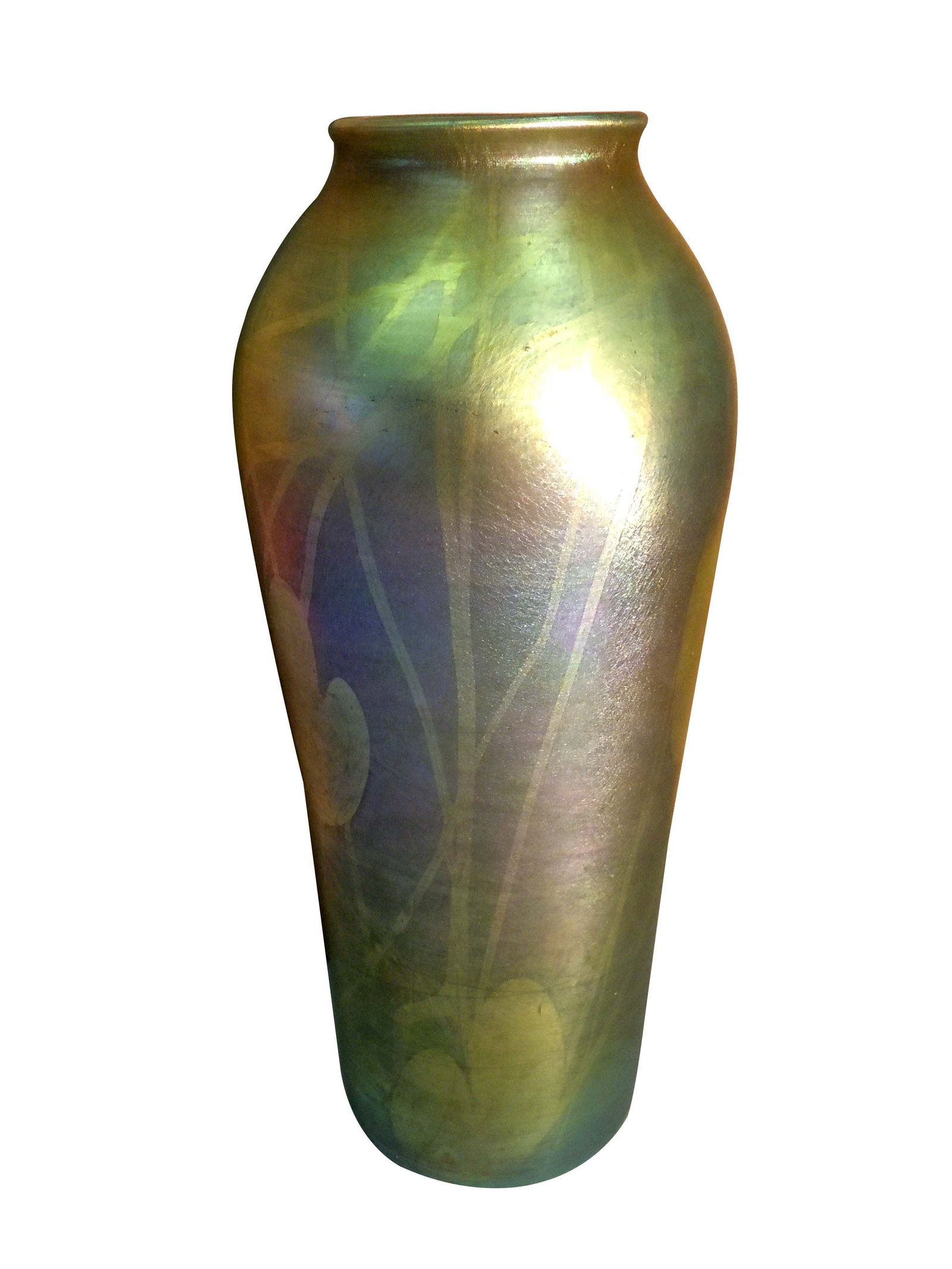 TIFFANY STUDIOS FAVRILE 5767C GLASS VASE VINES & LEAVES HUGE TIFFANY STUDIOS FAVRILE GLASS VASE: TIFFANY STUDIOS FAVRILE 5767C GLASS VASE VINES & LEAVES HUGE TIFFANY STUDIOS FAVRILE GLASS VASE Art Nouveau Favrile glass vase decorated with trailing vines & leaves, circa 1900 Etched: L.C. Tiffany ?
