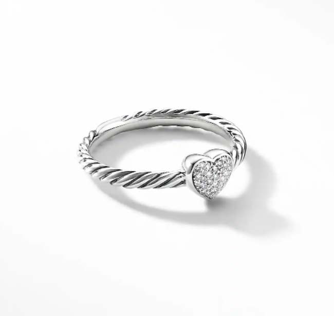 SILVER DAVID YURMAN PETITE PAVE DIAMOND HEART RING sz 5 An Outstanding Vintage Sterling Silver: SILVER DAVID YURMAN PETITE PAVE DIAMOND HEART RING sz 5 An Outstanding Vintage Sterling Silver Petite Pave Heart Ring with Diamonds, marked '(c) D.Y. 925' heart shape centered accented with natural e
