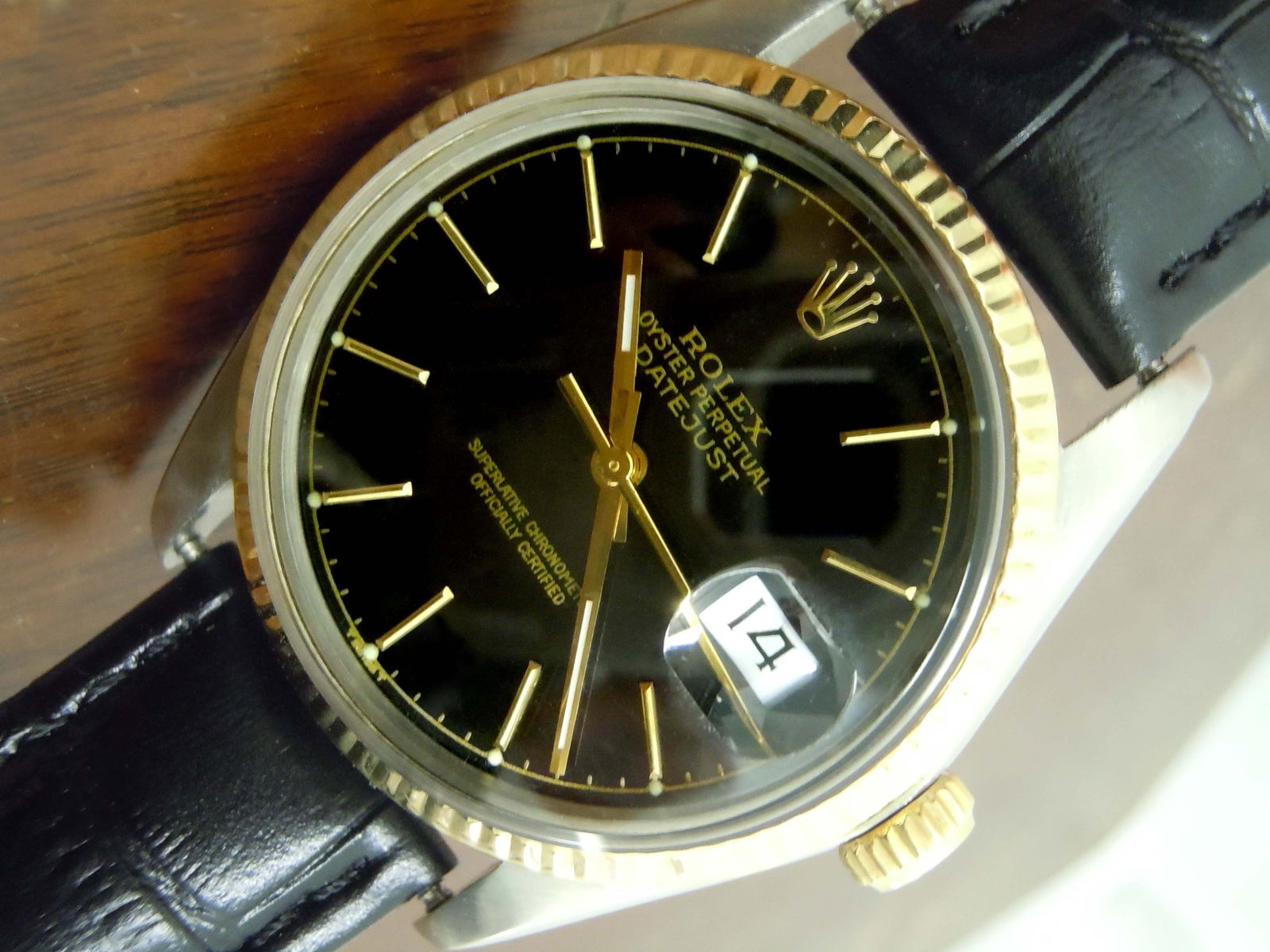 MEN'S ROLEX 16013 DATEJUST 18K GOLD STICK BLACK DIAL    An Outstanding 100% Authentic Rolex 18K (1 of 13)