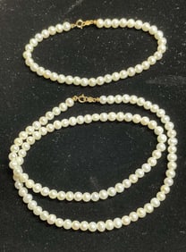 MATCHING 14K YELLOW GOLD 4MM. CULTURED PEARL BRACELET AND NECKLACE Each marked -14K- and are of