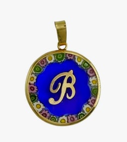 ITALIAN 18K GOLD LETTER B BLUE MILLEFIORI GLASS PENDANT CHARM Italian 18K Gold Letter B Blue