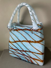 HAND BLOWN CARAMEL STRIPED OVER SKY BLUE MURANO Style ART GLASS PURSE SCULPTURE w POLISHED PONTIL