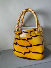 HAND BLOWN CHOCOLATE BROWN STRIPED OVER CARAMEL GOLD MURANO style ART GLASS PURSE SCULPTURE w
