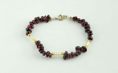 POLISHED RAW AMETHYST PEARL 14KT GOLD BEAD BRACELET A Vintage Polished Raw Amethyst, Pearl, Gold
