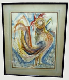 MANNER VACLAV VYTLACIL ROOSTER COCK WATERCOLOR PAINTING An Outstanding Vintage Crowing Rooster