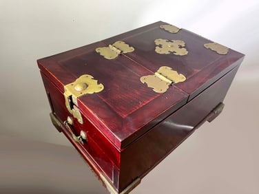 CHINESE ROSEWOOD JEWELRY BOX, SILK LINED, BEVELED MIRROR, BRASS PULLS & MOUNTS Vintage Late 20th