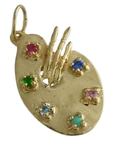 14K GOLD & GEMSTONE ADORNED ARTIST PAINTING PALETTE & BRUSHES CHARM PENDANT An Outstanding