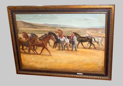 PIETRO MONTANA TRAINING HORSES OIL ON CANVAS PAINTING DETAILS: - ARTIST: Pietro Montana -