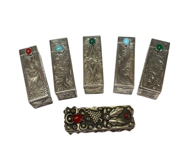 800 ITALIAN SILVER LIPSTICK CASE w/ MIRROR w/ TURQUOISE, JADE, CARNELIAN CABOCHON, ENGRAVED & CHASED