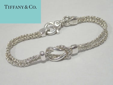 CLASSIC TIFFANY SILVER DOUBLE ROPE LOVE KNOT BRACELET BANGLE w/ Pouch & Box Sterling Silver