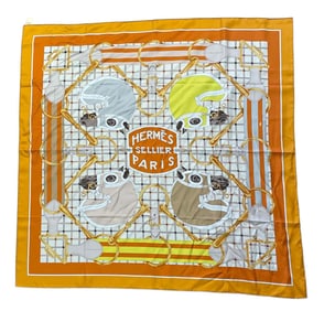 HERMES ORANGE BEIGE ARNICA SILK TATERSALE 90 TWILL SCARF Brand: Herm?s Title: Tatersale Artist: