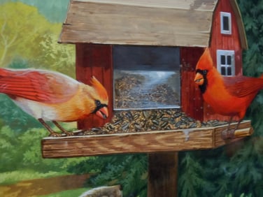 SQUIRREL CARDINALS NEW ENGLAND RED BARN BIRD HOUSE ILLUSTRATION ART PAINTING A vibrant gouache
