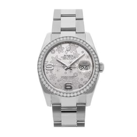 36MM ROLEX DATEJUST 116244 FLORAL ARABIC SILVER DIAL DIAMOND BEZEL, OYSTER BAND BOX & PAPERS FULL