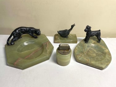 AUSTRIAN ART DECO GREEN ONYX COUGAR, SCOTTISH TERRIER, GOOSE, ASHTRAY, LIGHTER PAPERWEIGHT GROUPING