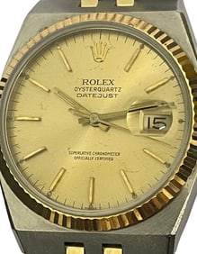 MENS 36MM ROLEX DATEJUST 17013 18K GOLD STAINLESS OYSTERQUARTZ CHAMPAGNE STICK WATCH An