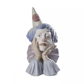 LLADRO 5129 PORCELAIN CLOWN JESTER PIERROT FIGURINE, SAD, PENSIVE, PONDERING With fine lines and