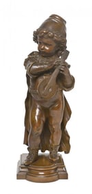 FRENCH BRONZE FIGURE, NICOLAS LECORNET, 19C BOY IN A HAT AND CAPE PLAYING A LUTE SUSSE FRERES