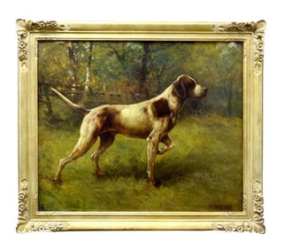 AMERICAN SCHOOL POINTER HUNTING DOG OIL PAINTING c 1909 An outstanding period early 20th century