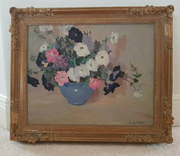 ARRAH LEE GAUL FLORAL STILL LIFE OIL PAINTING, PETUNIAS    DETAILS:   - ARTIST: Arrah Lee Gaul  -: ARRAH LEE GAUL FLORAL STILL LIFE OIL PAINTING, PETUNIAS  DETAILS:  - ARTIST: Arrah Lee Gaul - BIRTH: American, (1883-1980)  - TITLE: PETUNIAS - SIGNED: Arrah Lee Gaul 1938 (lr); Signed, titled, and pr